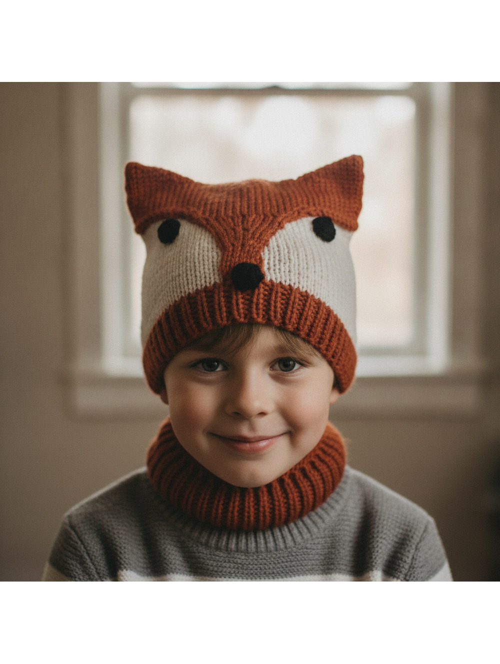 Handknit fox face cowl hat orange and cream